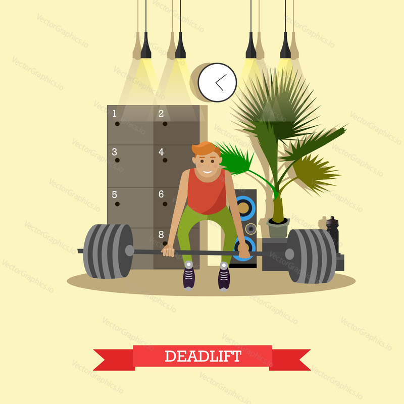 Deadlift. Man working out in a gym. Healthy lifestyle concept vector illustration in flat style. Fitness and sport equipment.