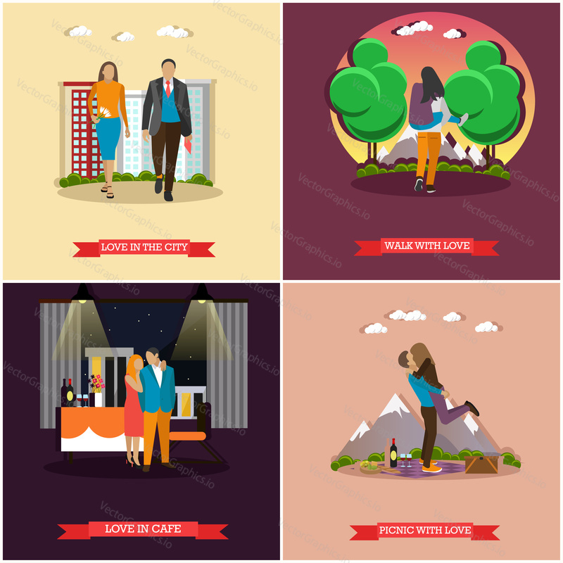 Vector set of couples in love concept posters. Characters in different situations and poses.