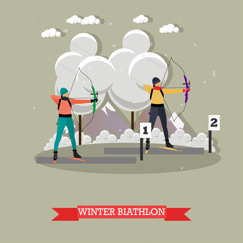Sport shooting banner. Archery biathlon competition games vector illustration. People in shooting positions.