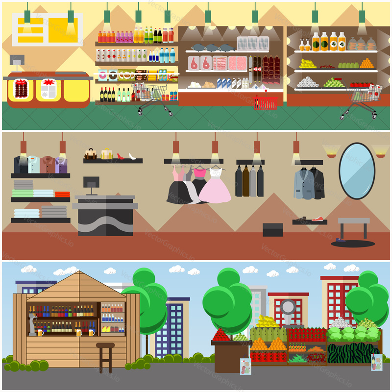 Shopping in a store and local market concept banners. Colorful vector illustration. Grocery shop, fashion boutique and street bazaar interior.