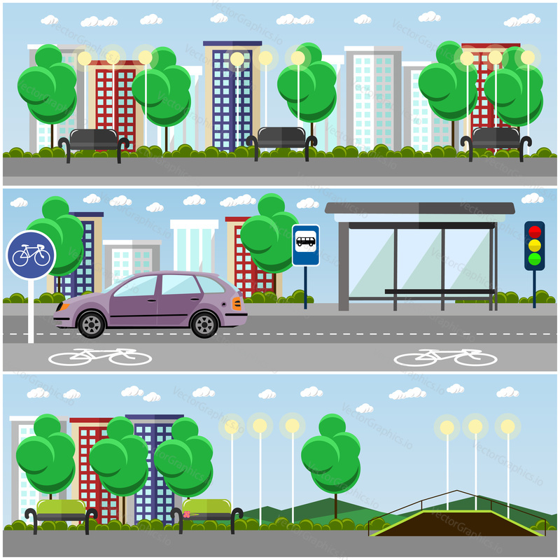 City landscape with road and park concept vector banners. Bus stop and car on a street. Vector illustration in flat style design.