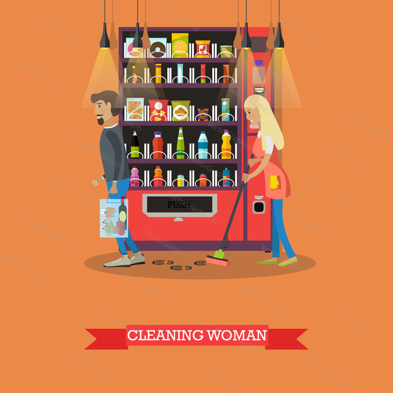 People cleaning floor in store while customers shopping. Vector illustration in flat retro style. Floor care and cleaning service in supermarket shop.