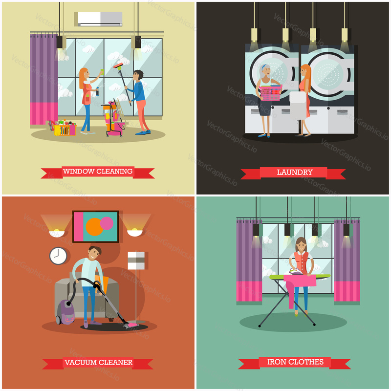 Cleaning service concept vector illustration in flat style. Housekeeping company team at work. People cleaning window, iron clothes, vacuuming floor and doing laundry.