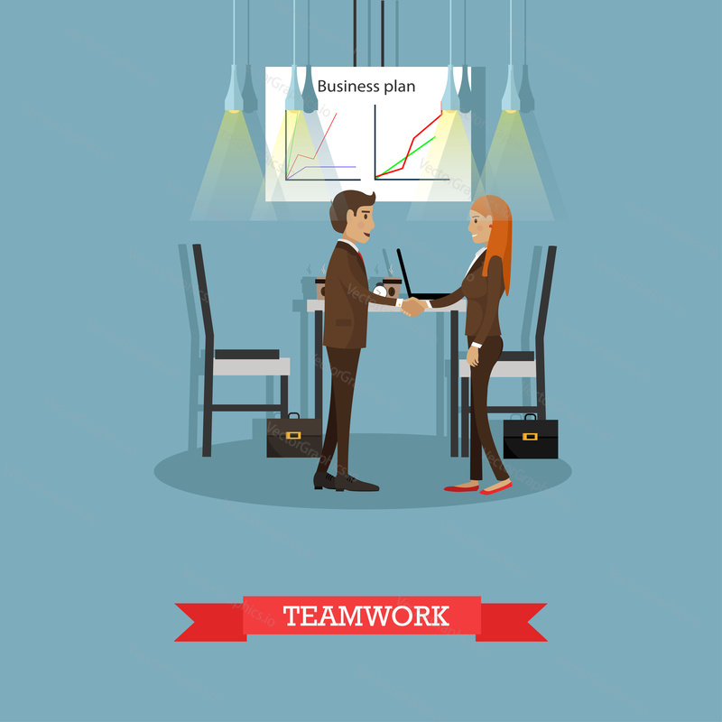 Vector poster of business presentations and meetings banners. Teamwork concept. Flat design of business people or office workers. Office interior.