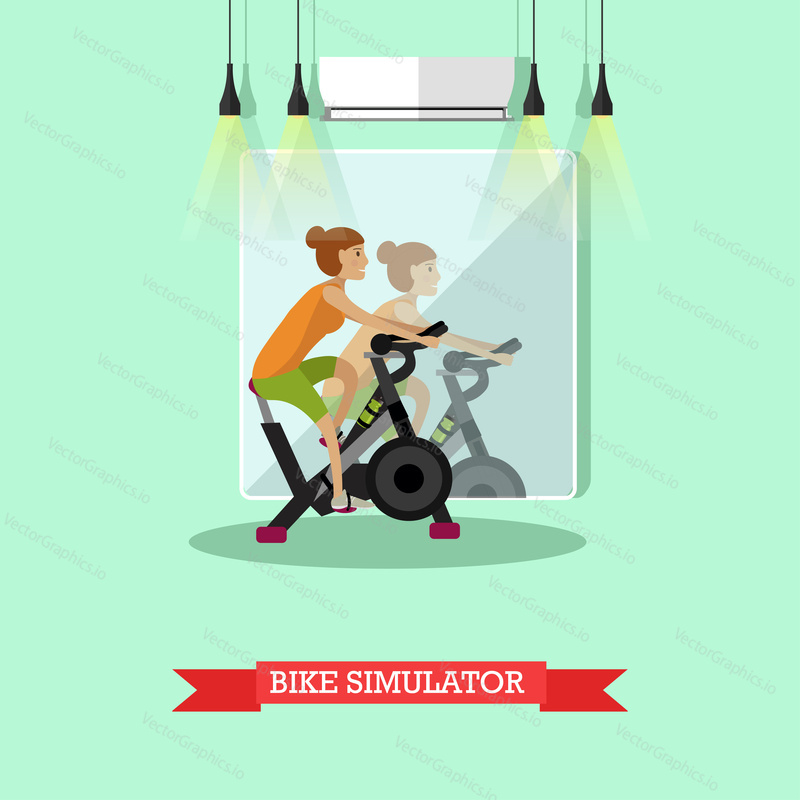 Женщина тренируется на велотренажере в фитнес-центре. Девушка в векторном плакате спортзала.