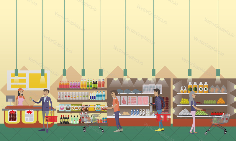 Supermarket interior vector illustration in flat style. Customers buy products in food store. Groceries and foodstuff on shelves. People shopping.