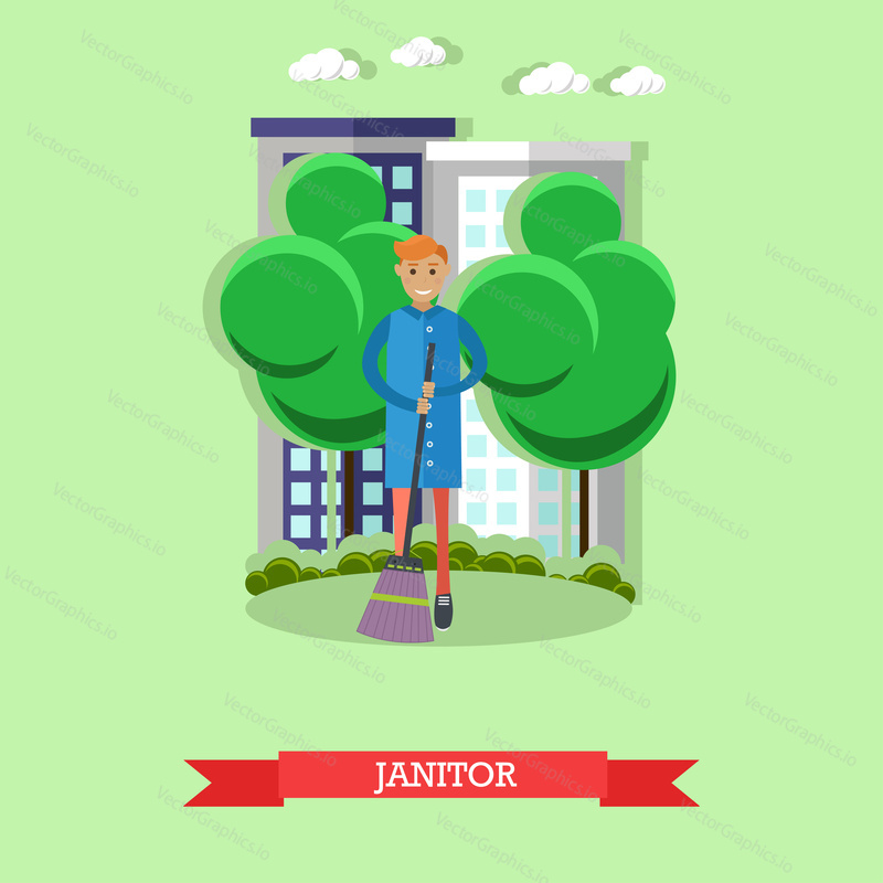 City janitor concept vector illustration. Man cleaning street.