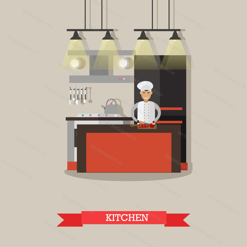 Kitchen interior in restaurant. Vector poster. Chefs cooking food in kitchen room.