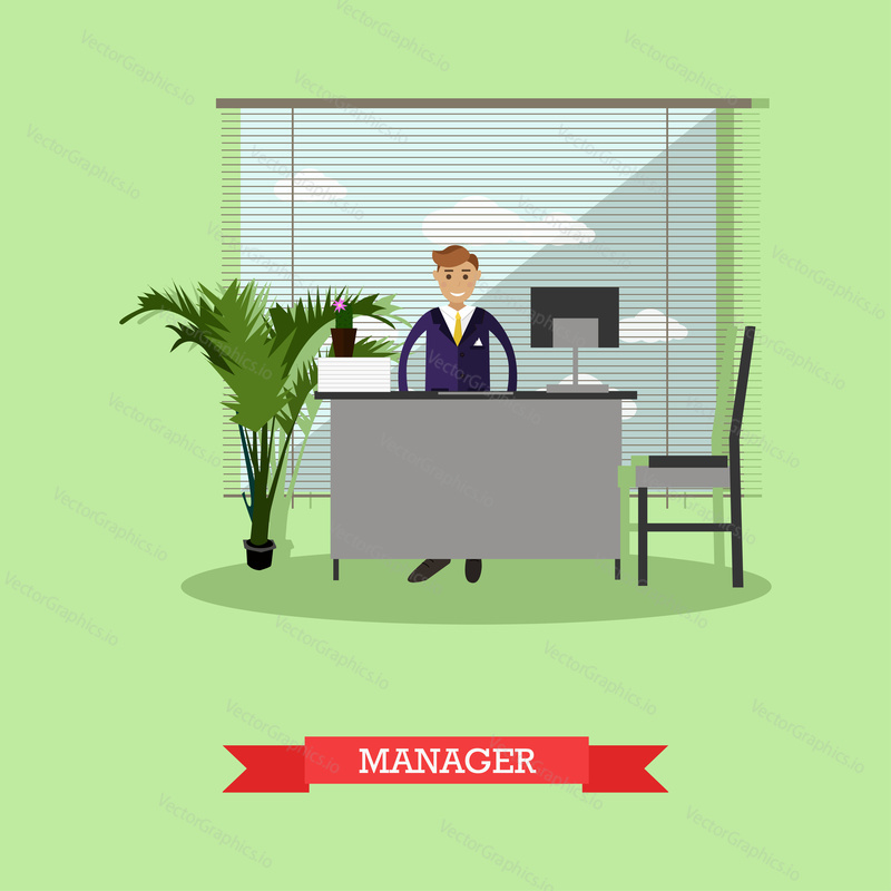 Manager or office worker sitting on chair and working on the computer. Business concept vector illustration in flat style design.