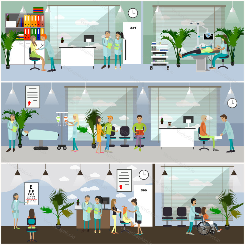 Horizontal vector banners with doctors and hospital interiors. Medicine concept. Patients passing medical check up, surgery operation room. Flat cartoon illustration.