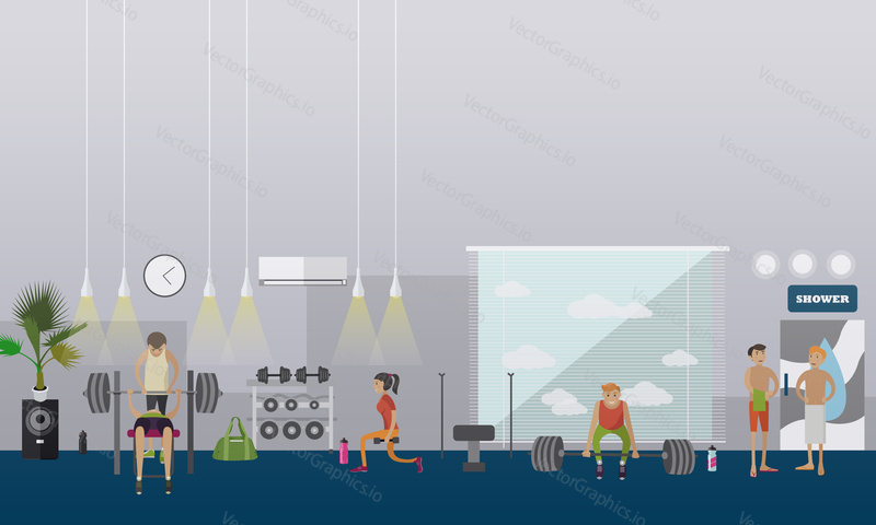 Fitness center interior vector illustration. People work out in gym horizontal banners. Sport activities concept.