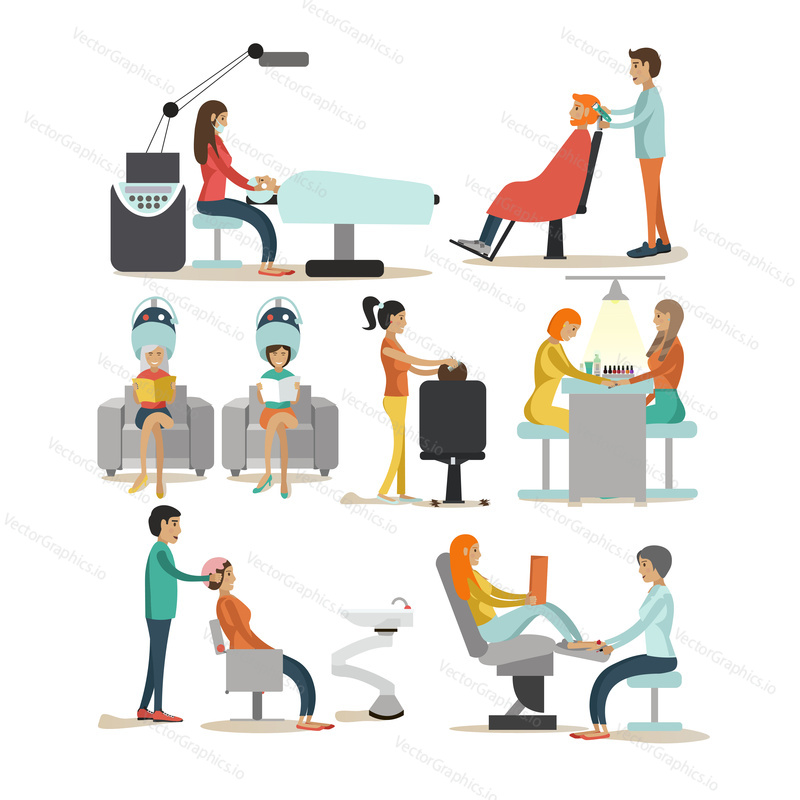 Vector set of beauty salon characters isolated on white background. Haircut, manicure, cosmetic and make up atelier. Women in beauty studio illustration in flat cartoon style.
