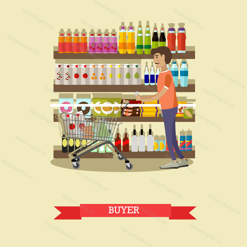 Male customer buying food in grocery store. Vector concept poster.