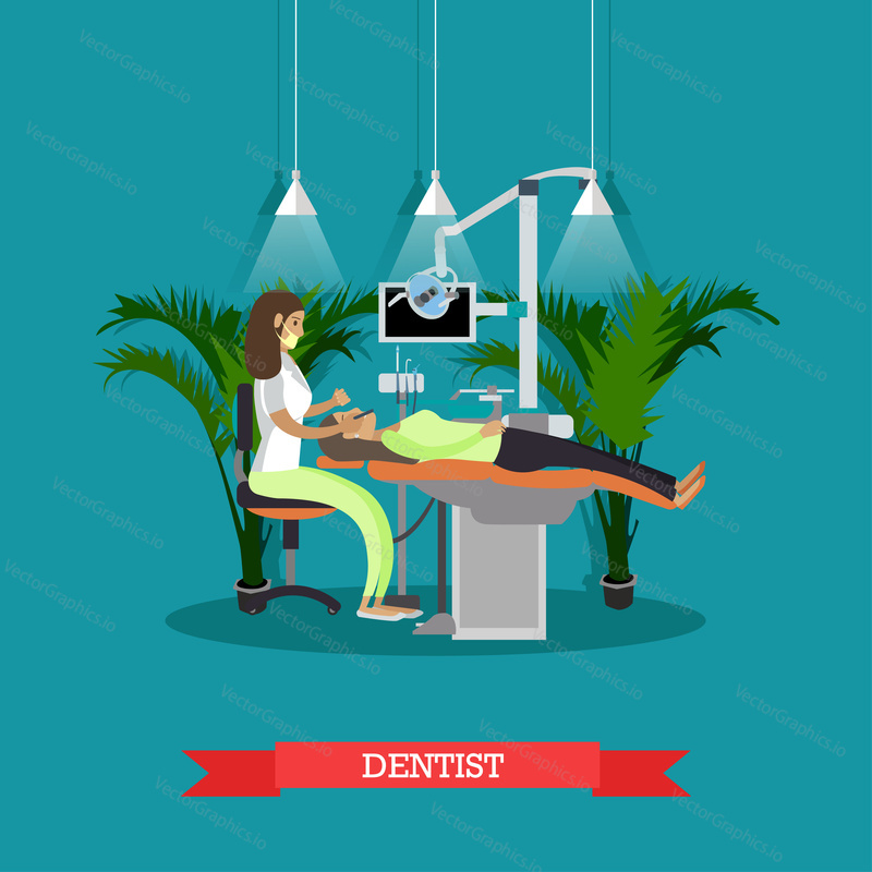 Dentist works with patient vector poster. Dental clinic concept.