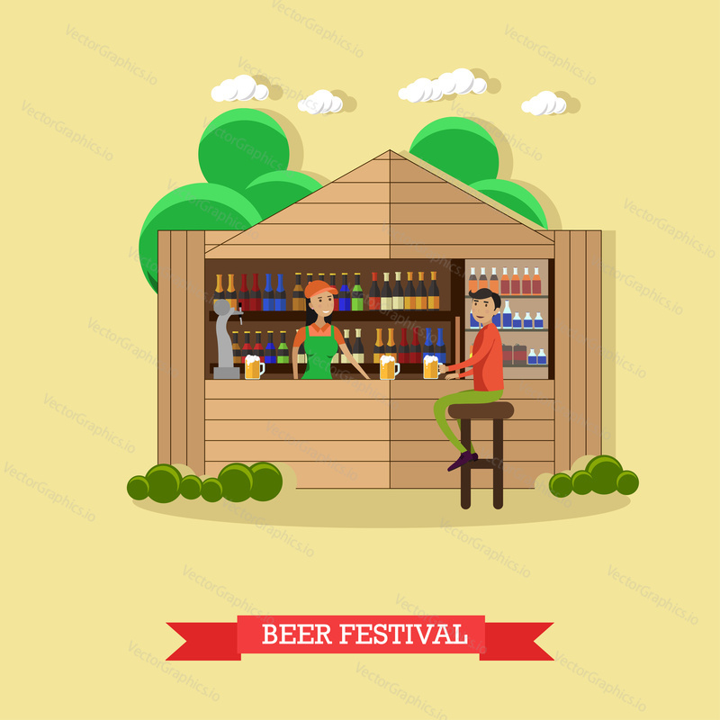 Beer festival concept vector illustration. People drink beer in outdoor restaurant. Waitress and bartender.