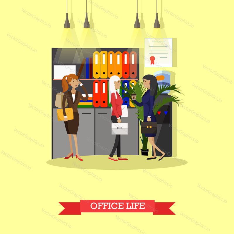 Office life concept vector illustration in flat style. Female workers in office interior. Women have coffee break and talk next to office cooler.