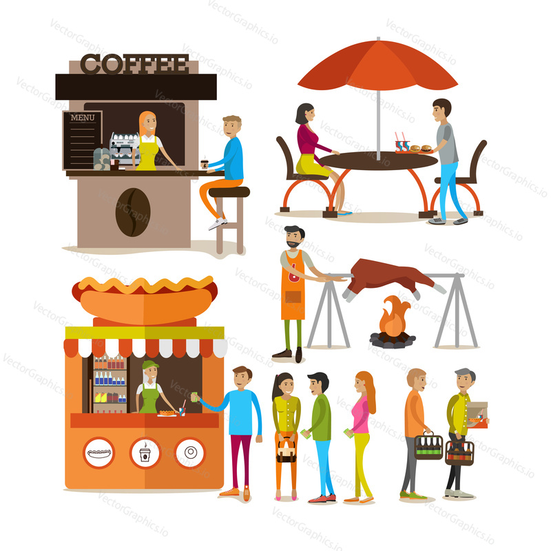 Vector set of cartoon people characters and street food stalls isolated on white background. Street cafe concept.