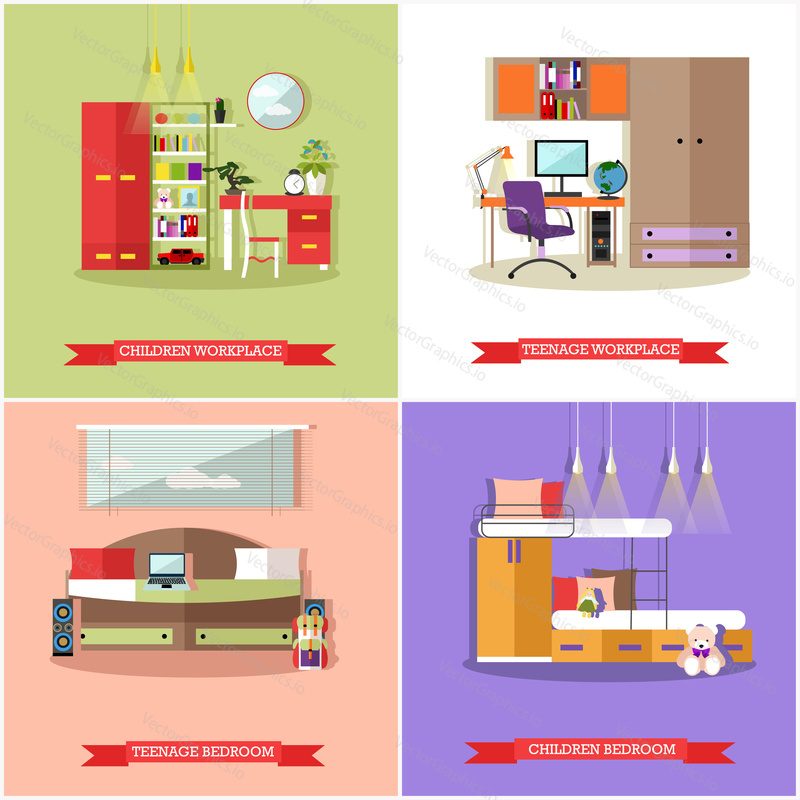 Kids bedroom interior in flat style. Vector illustration. House room design elements and icons.