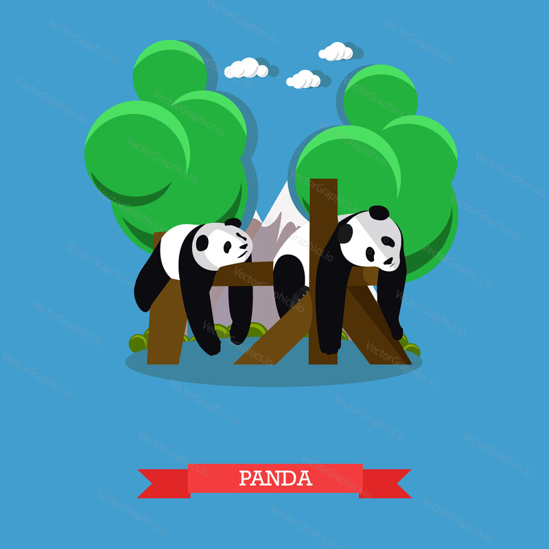 Zoo concept banner. Two panda bears taking a rest. Vector illustration in flat style design.
