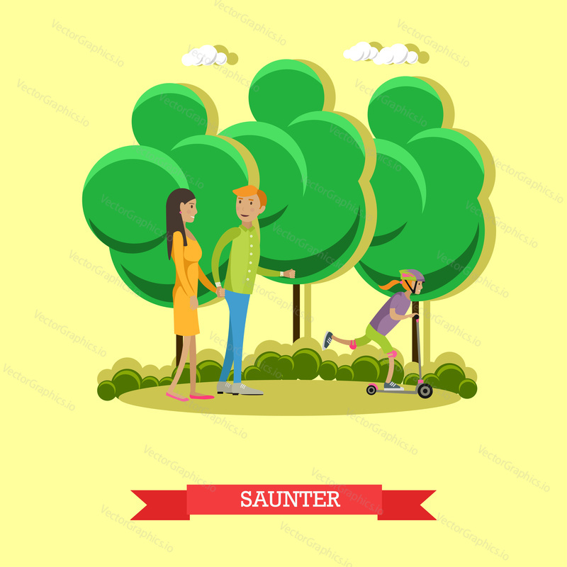 A leisurely walk with family in a park concept vector illustration in flat style. People in a outdoor city park.
