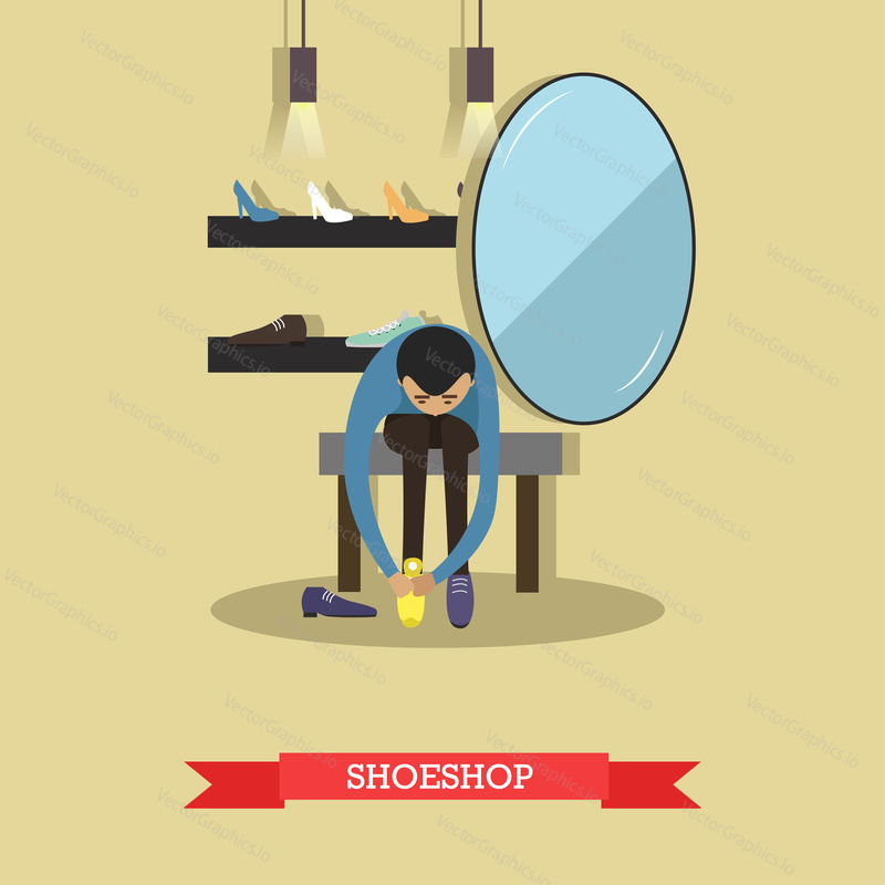 Man trying different shoes in shoe store. Shopping concept vector illustration in flat style design.