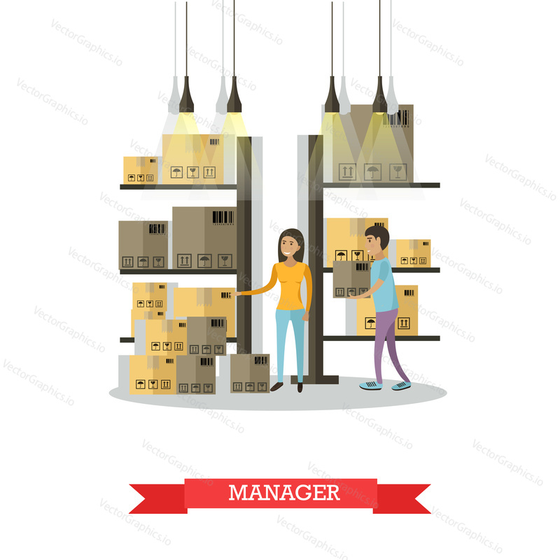 Warehouse female manager comic character. Vector concept illustration in flat style. Design elements and icons. Logistic and delivery service.