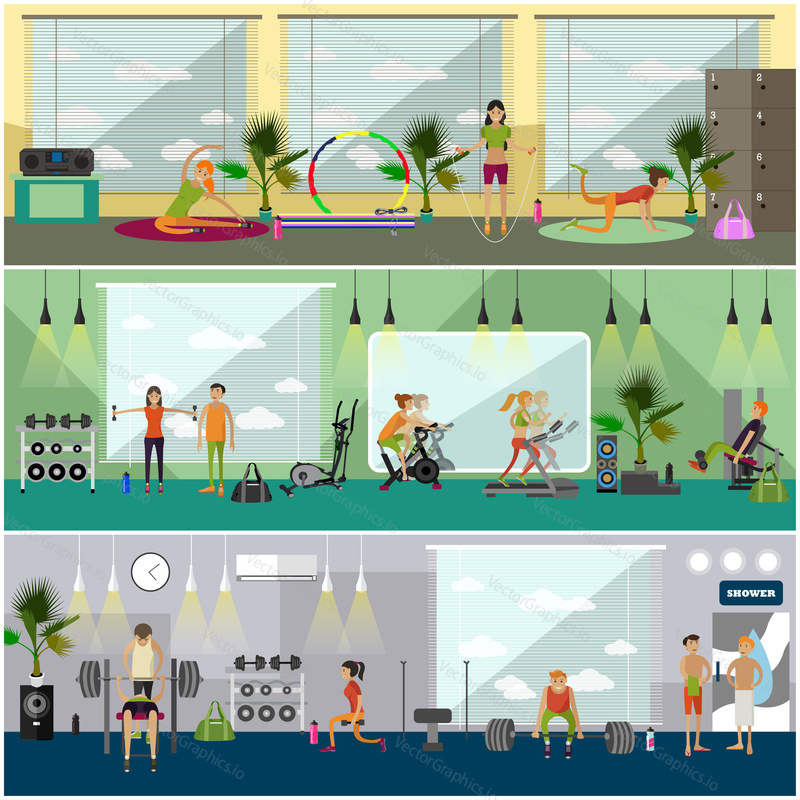 Fitness center interior vector illustration. People work out in gym horizontal banners. Sport activities concept. Yoga, fitness, gym.
