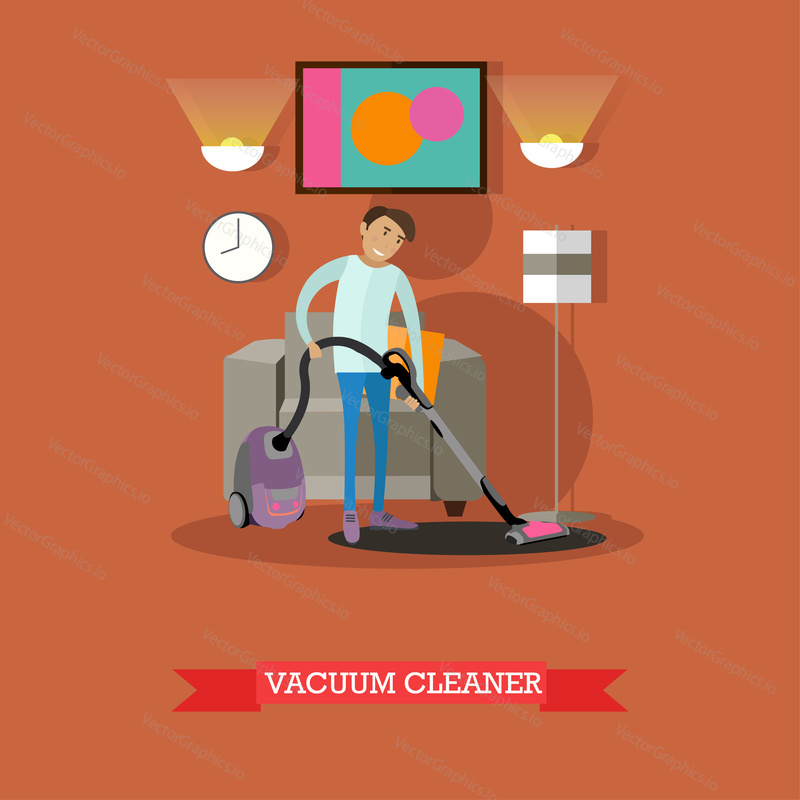 Man vacuuming floor in his room. Cleaning service concept vector illustration. Guy cleaning home living room.
