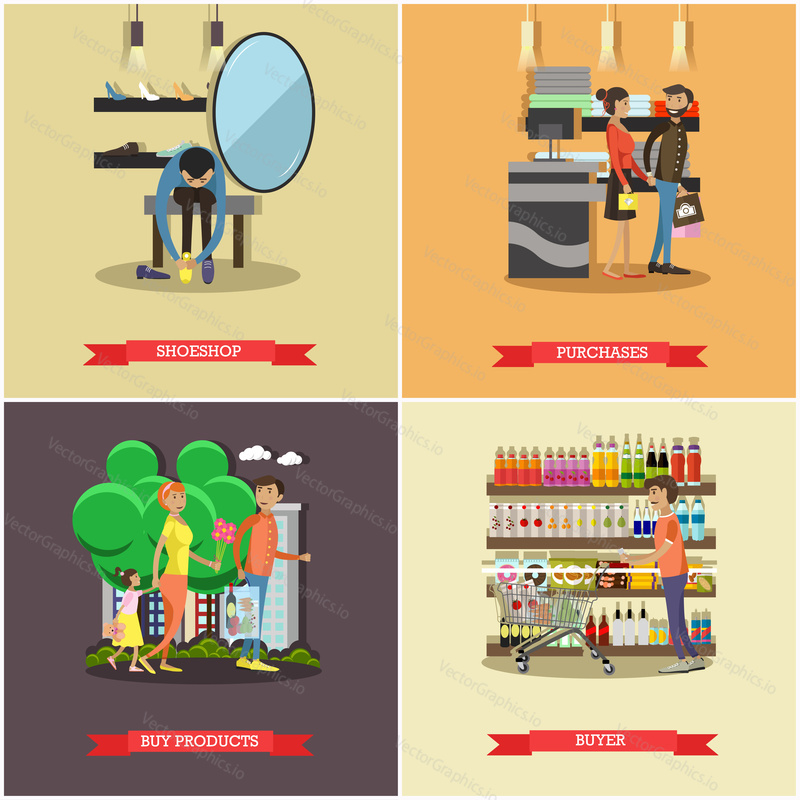 People shopping in a store concept posters. Colorful vector illustration. Customers buy products in food supermarket, trying clothes.
