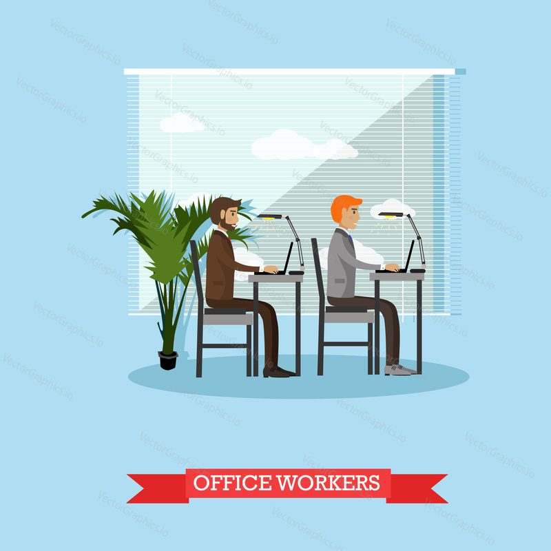 Office workers and business people work with computers. Vector banner concept in flat style design. Office interior.