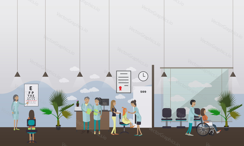 Horizontal vector banner with doctors and hospital interiors. Medicine concept. Patients passing medical check up. Flat cartoon illustration.