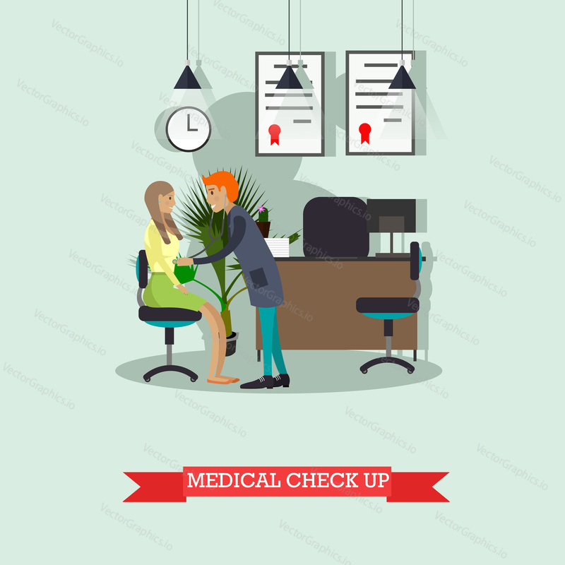 Doctor conduct patient medical check up. Doctor cabinet interior. Vector illustration in flat style. Design elements and icons.