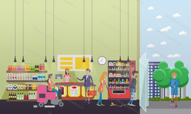 People cleaning store while customers shopping. Vector illustration in flat retro style. Floor care and cleaning service in supermarket shop.