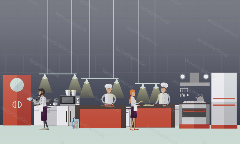 Vector banner with restaurant interiors. Chefs cooking food in kitchen room. Vector illustration in flat design.