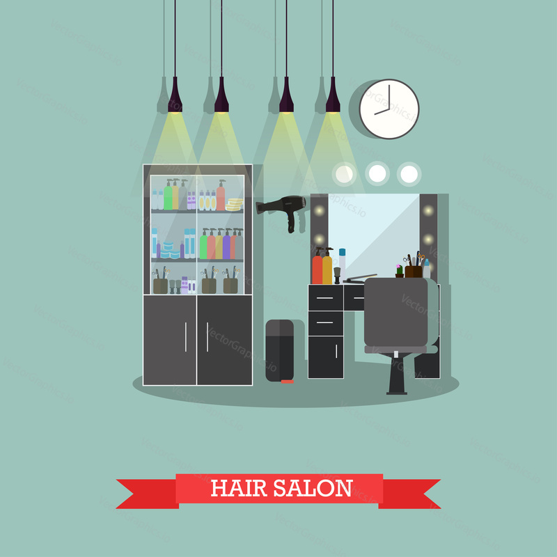 Beauty salon interior vector concept banners. Hair style design studio. Haircut atelier. Illustration in flat cartoon style.