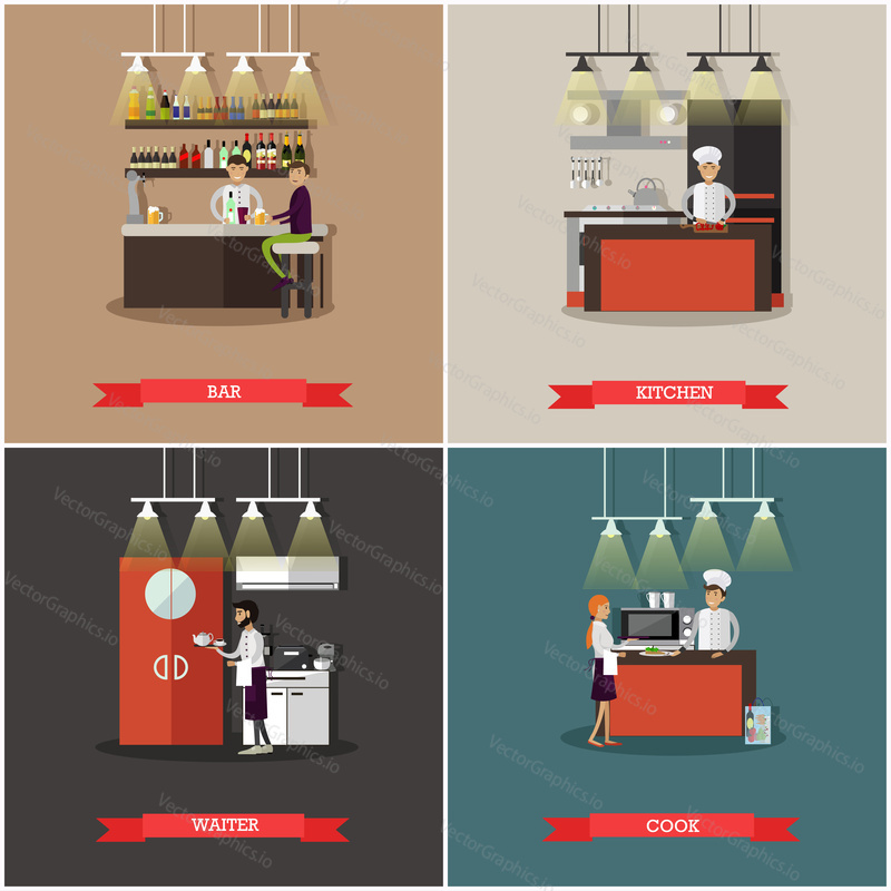 Vector set of banners with restaurant interiors. Bar, kitchen, chef cook and waiter characters.