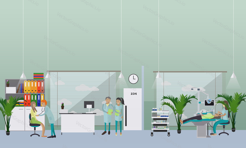 Dental clinic interior concept. Dentist works with patient vector poster.