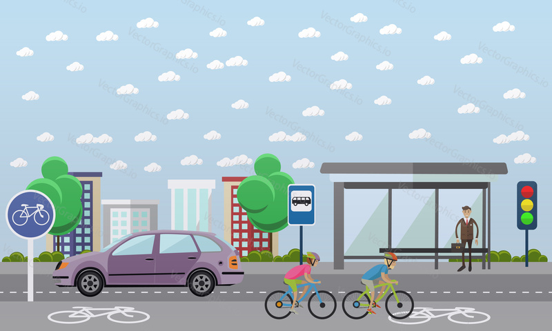 Group of bicycle riders on bikes on road. Street with bicycle line. Biking sport concept cartoon banners. Vector illustration in flat style design.