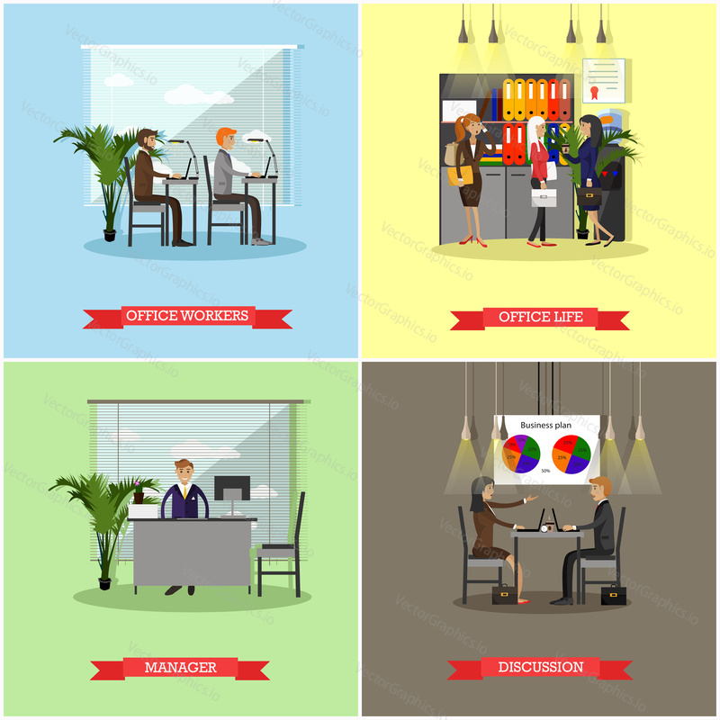Vector set of business presentations and meetings banners. Flat design of business people or office workers. Office interior.