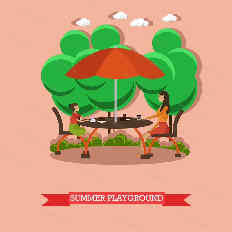 Mother and her daughter sit on the restaurant summer terrace under umbrella. Family in street cafe vector illustration in flat style design.
