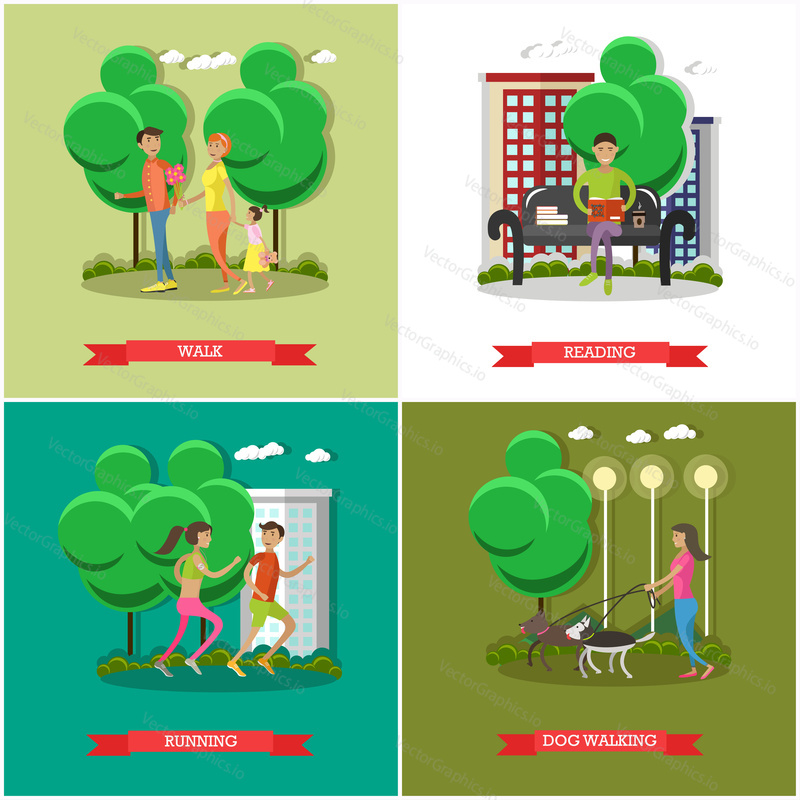 Vector set of cartoon character posters. People in park design elements and icons in flat style. Running, walking with family, walking out dogs, reading books, sitting on a bench.
