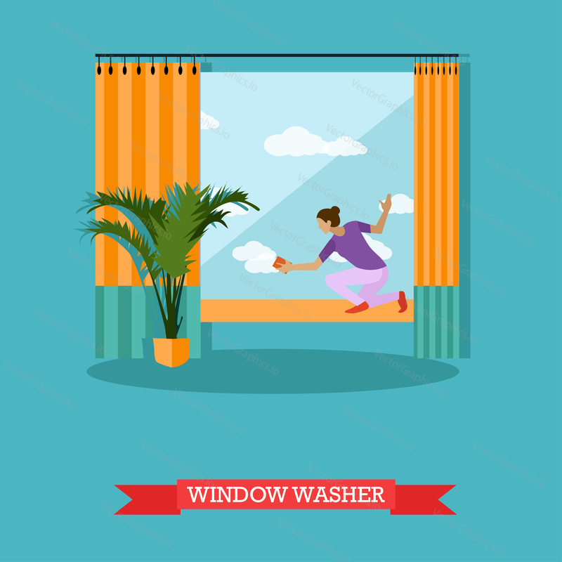 Cleaning service concept vector illustration in flat style. Housekeeping company team at work. People cleaning window.