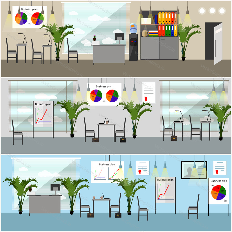 Office interior. Vector illustration in flat style design. Modern office rooms with furniture.