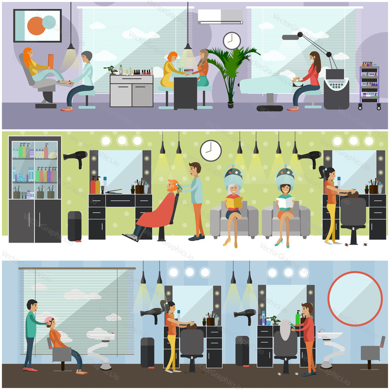 Beauty salon interior vector concept banners. Haircut, manicure and make up atelier. Women in spa and beauty studio illustration in flat cartoon style.