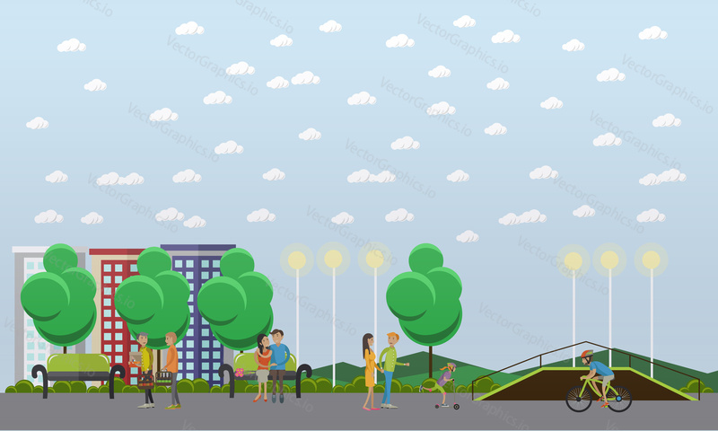 People in park concept banner. Time with kids and friends in park. Vector illustration in flat style design.