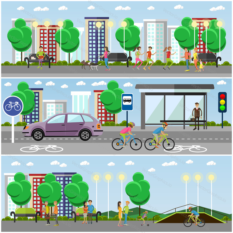 People in park concept banners. City landscape with road and parks. Bus stop and car on a street. Vector illustration in flat style design.