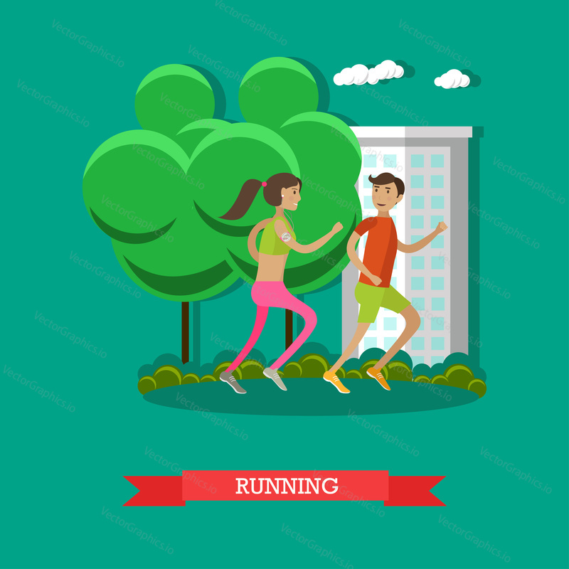 Running couple in a park. Sport fitness concept vector illustration in flat cartoon style. Design elements and icons. Healthy lifestyle.