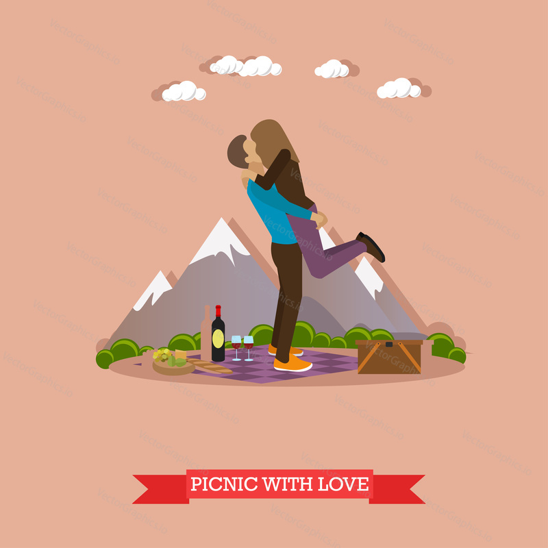 Happy couple having picnic in a park. Vector illustration of summer recreation concept design elements.