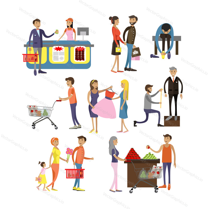 Vector set of cartoon characters isolated on white background. People shopping in mall design elements and icons in flat style.