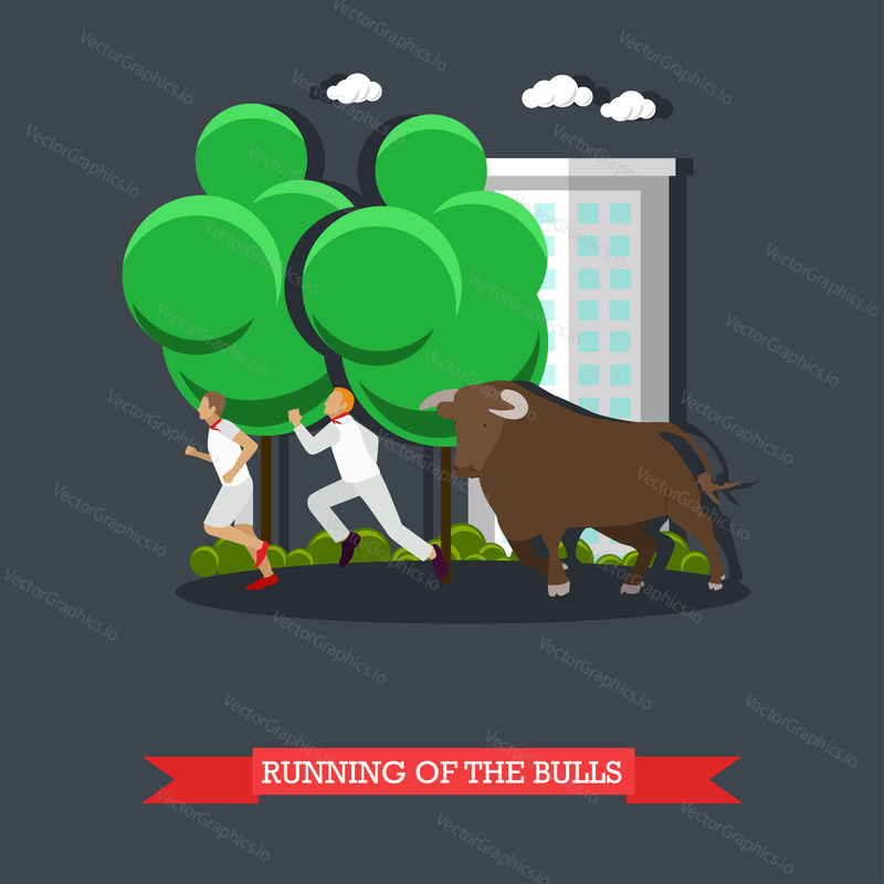Running of the Bulls concept vector poster in flat style. People running in front bull in Spain.